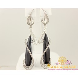 Серебряные серьги с черным камнем, длинные. 430719с